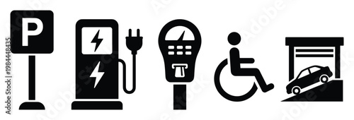 Essential collection of parking and electric vehicle charging station symbols featuring disabled accessibility, traditional parking meters, and a garage entry, perfect for transportation