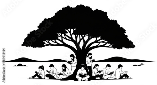 People sitting under a tree together.