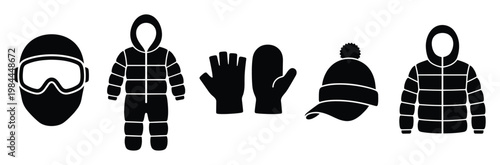 Essential winter sports apparel and cold weather protective clothing collection featuring ski mask, snowsuit, jacket, gloves, and hat for outdoor activities and snowy adventures.