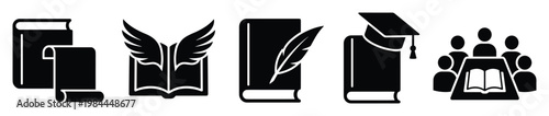 Collection of black and white icons representing educational concepts, learning, and literary pursuits for academic presentations, school projects, or knowledgebased applications.
