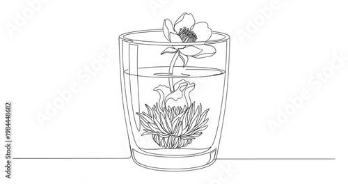 Elegant continuous line drawing of a blossoming tea flower immersed in a water filled glass ideal for tranquil spa brochures healthy beverage advertising and peaceful lifestyle media