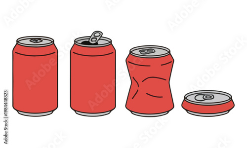 Red Aluminum Cans Sequence from Full to Crushed on White Background