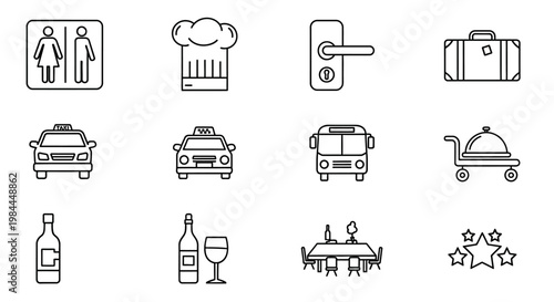A versatile collection of line art icons representing essential hospitality, travel, and dining services, including accommodation features, transportation, and food experiences, ideal 