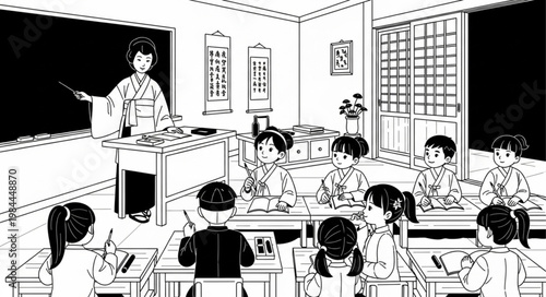 Students sitting at desks in classroom.