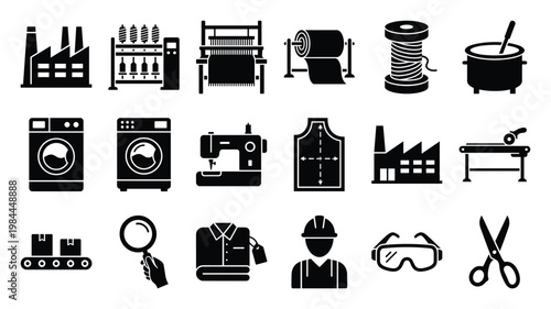 Modern glyph icons representing the entire textile manufacturing and clothing production process, including factory operations and quality control, perfect for industrial infographics and