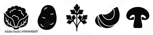 Stylized monochrome vegetable and mushroom icons providing versatile resources for food blogs, restaurant menus, recipe cards, and grocery store promotions.
