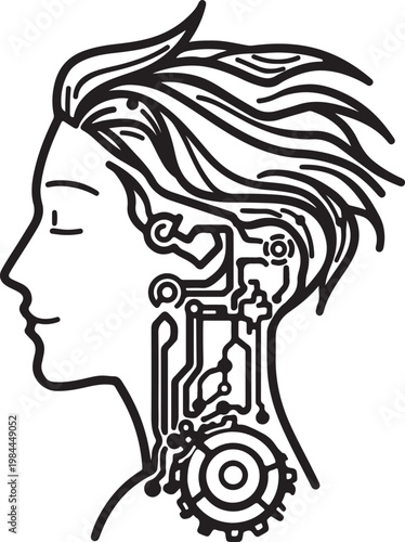 Cybernetic fusion of human and machine in artistic silhouette