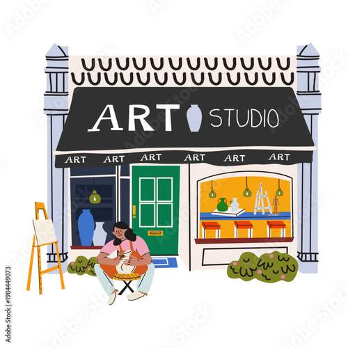 Cozy art studio facade in flat cartoon style. Drawing and pottery. Creative small business exterior. Vector illustration of a creative workspace