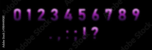 Numbers and punctuation marks, purple halftone dotted pattern effect typographic numeric symbol, vector retro pixel font
