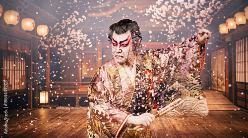 A kabuki actor performs, capturing traditional artistry. with dramatic makeup and intricate costumes on stage.