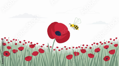 Vibrant Poppy Field with Busy Bee