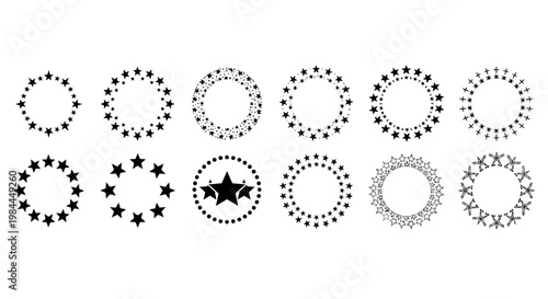 Diverse collection of circular star and dot frames, ideal for decorative borders, award laurels, badges, and certificates, enhancing visual appeal for graphic design projects
