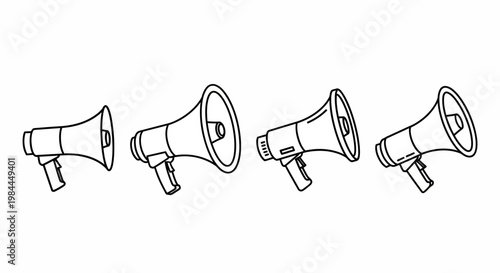 Set of four line art illustrations of megaphones, symbolizing announcement and public speaking