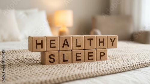 Promoting healthy sleep hygiene and quality rest with wooden text blocks.