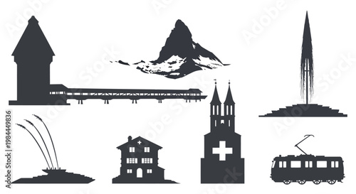 Silhouettes of various city landmarks.