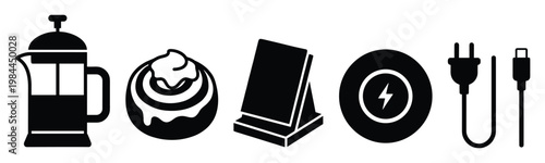 Essential daily items featuring breakfast and coffee elements alongside modern electronic device charging equipment like a wireless pad and cables suitable for modern home and office