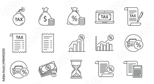 A collection of icons representing various financial and taxation concepts, including money, documents, and growth charts
