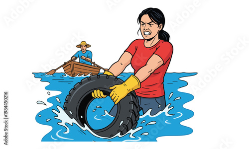 Woman pulling large waste tire out of water vector illustration
