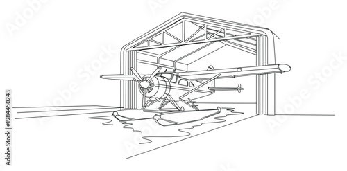 Detailed line drawing of a classic seaplane with floats in a hangar doorway, perfect for aviation themed projects, coloring books, or technical manuals
