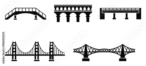 Collection of various bridge types presented as black and white vector icons, useful for architecture presentations, infrastructure project plans, or transportation graphic assets
