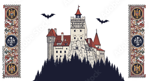 Abstract colorful vector illustration of Dracula's castle on a mountain, digital art with bats and ornate borders, modern background concept
