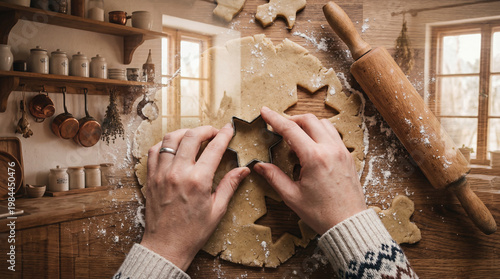 Cutting out star shapes with precision on a doughy surface, a cozy winter baking scene unfolds, with a rustic ambiance of a warm kitchen. 