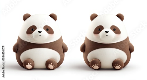 Two adorable, plump, cartoon-style pandas sit side-by-side on a white background