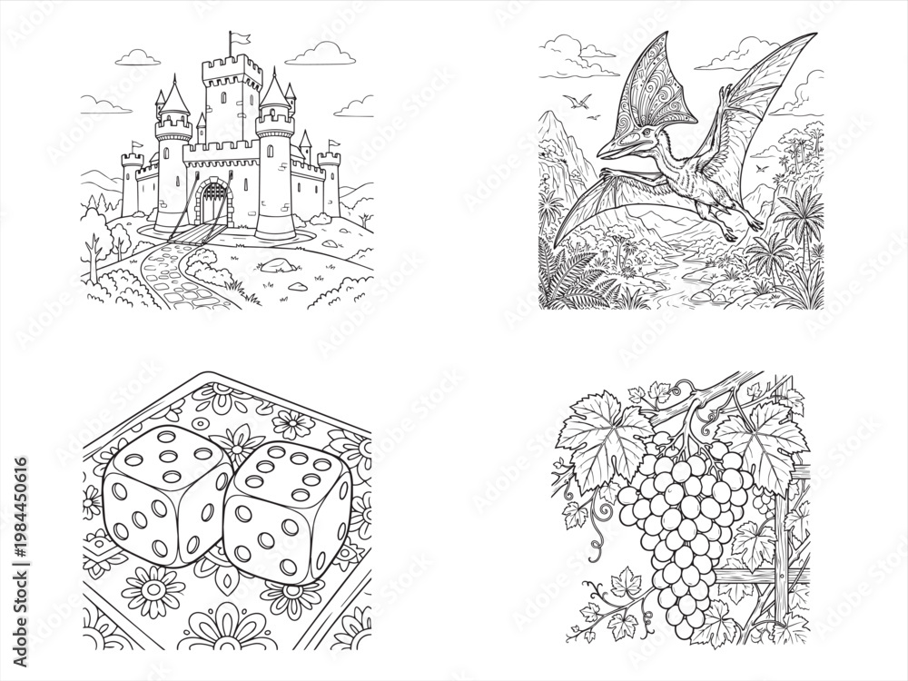 Naklejka premium Fantasy icons, castle, dragon, dice, grapes, 4 illustrations, vector graphics