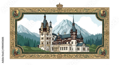 Exquisite vector illustration of a grand castle nestled in a vibrant mountain landscape, perfect for a colorful and modern digital art background