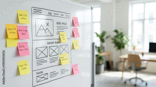 A professional website wireframe sketch and design elements layout for web development.
