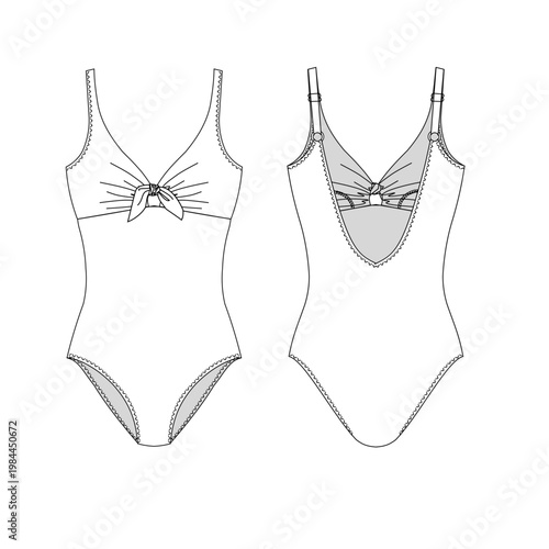 Hand drawn woman swimsuit, vector technical drawing, template, sketch, flat, mock up. Recycled PA, Recycled PES, Lycra fabric, front and back view