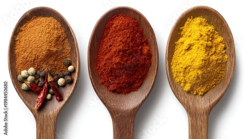 Three wooden spoons showcase vibrant spices and peppercorns, isolated on white