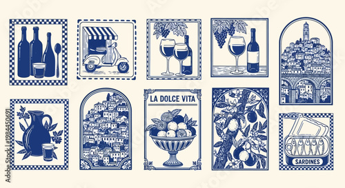 A charming collection of blue and white illustrations capturing the essence of Italian lifestyle and culture
