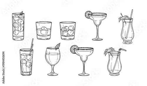 Minimal hand drawn cocktail glass sketch illustration set bar drinks vector clipart isolated white background
