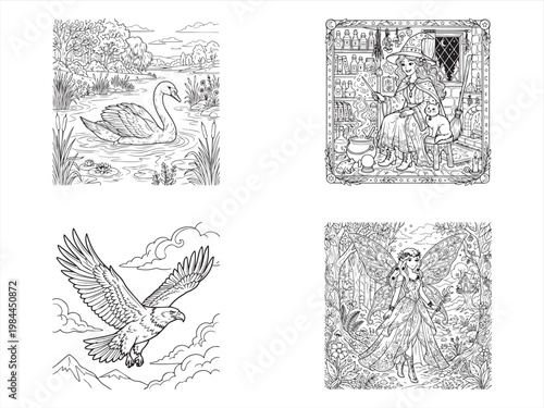Vintage illustrations, antique drawings, swan, eagle, fantasy scenes, black and white