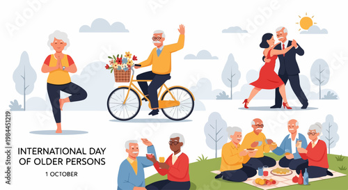 International Day of Older Persons vector illustration showing active seniors enjoying yoga, cycling, dancing, and picnicking. Celebrating older adults contributions and promoting active aging.