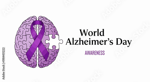 World Alzheimer's Day awareness campaign with purple ribbon and brain puzzle vector.