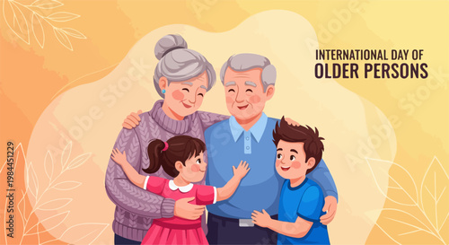 International Day of Older Persons vector illustration featuring happy grandparents embracing grandchildren with warmth and affection.