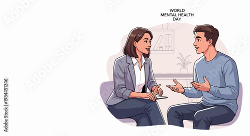 Mental health support session vector illustration with therapist and patient talking, World Mental Health Day concept.