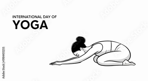 International Day of Yoga vector illustration showing woman in childs pose for wellness and mindfulness. International Day of Yoga celebration for health and balance.