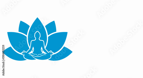 Blue lotus flower with meditating person silhouette vector art. Zen meditation symbol for yoga and wellness. Peaceful mind concept for spiritual practice.