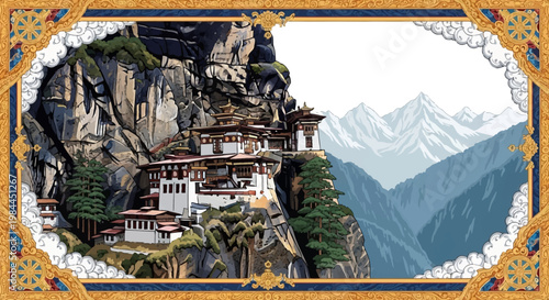 Discover the Majestic Taktsang Monastery A Colorful and Modern Digital Art Illustration with Abstract Background Elements