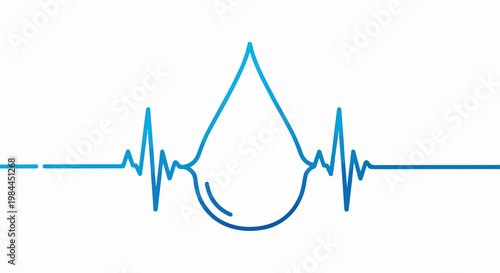 Vector heartbeat line with water drop symbol in blue color, medical vector illustration. Health and wellness concept with cardiogram and droplet. Medical technology vector graphics.