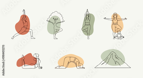 Minimalist vector yoga poses with abstract shapes and mountain illustration. Yoga practice for wellness and healthy lifestyle. Vector art for fitness and meditation.