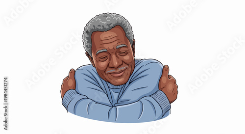 Elderly man embracing himself with eyes closed, vector illustration. Self-care concept for mental wellness and personal comfort. Vector art for health and lifestyle.