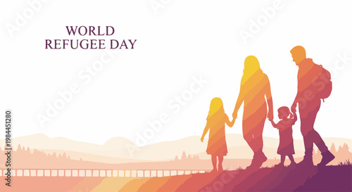 World Refugee Day vector illustration with family silhouette walking towards hopeful future. World Refugee Day symbolizes resilience and solidarity. Concept World Refugee Day for awareness campaigns.