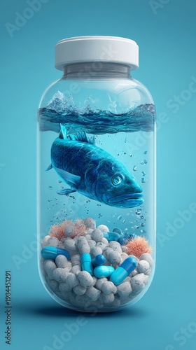 A surreal depiction of a fish inside a pill bottle underwater.