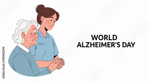 World Alzheimers Day vector illustration showing caregiver assisting elderly person with compassion and care. World Alzheimers Day concept for awareness campaigns and support.