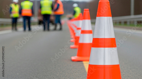 Orange traffic cones lined up on a road with workers in the background