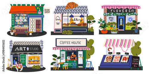 Set of building facades for small business in cartoon style. Showcase windows of bookstore, bakery, butcher market stall, art studio, coffee house and flower shop. Vector illustration
